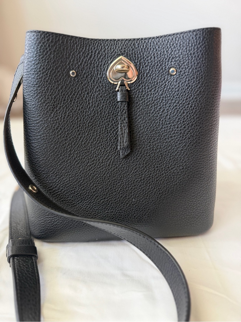 Kate Spade Black Pebbled Leather Bucket Crossbody Bag Gold Spade Hardware